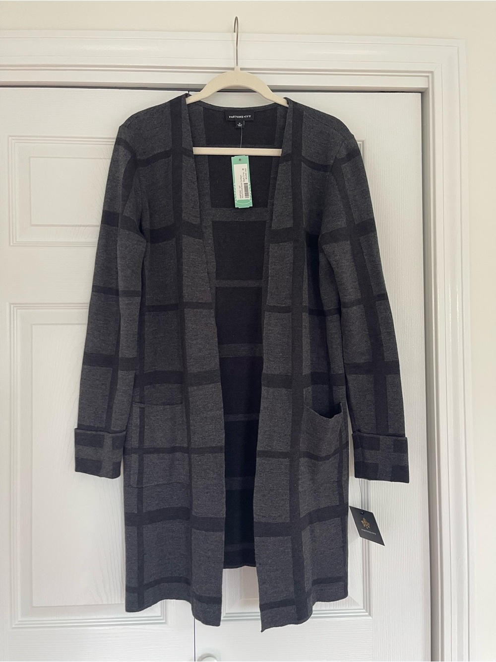 Fortune and Ivy Open-Front Gray Plaid Long Cardigan Sweater